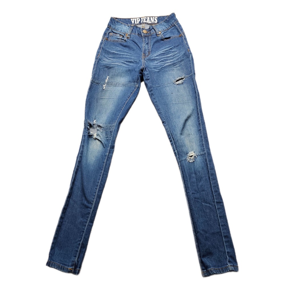 VIP Jeans Women 00 Blue Denim Stretch Distressed Medium Wash Slim Fit Skinny Leg
